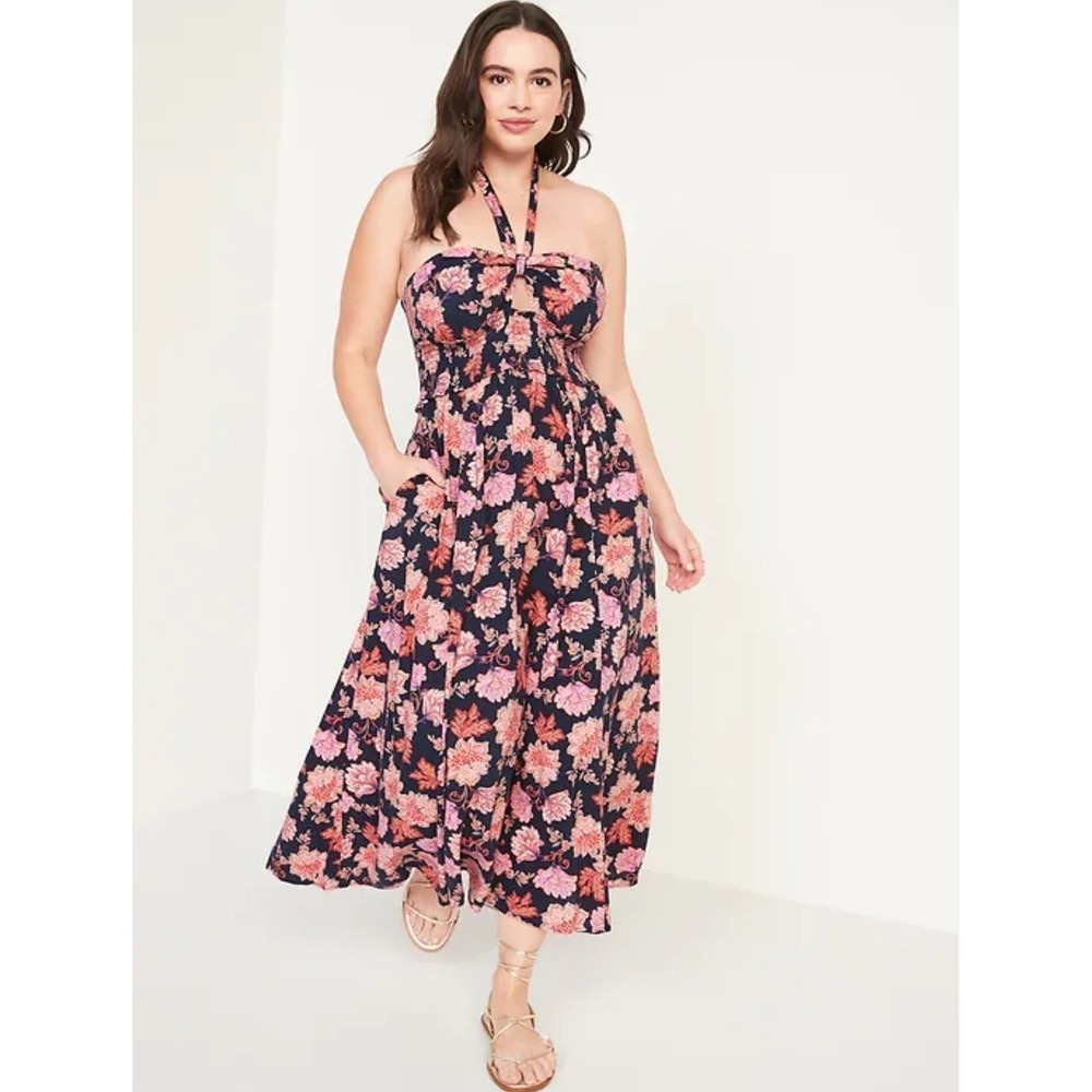 Old Navy Blue Floral Rayon Halter Maxi Dress Smocked Boho XXL Tall